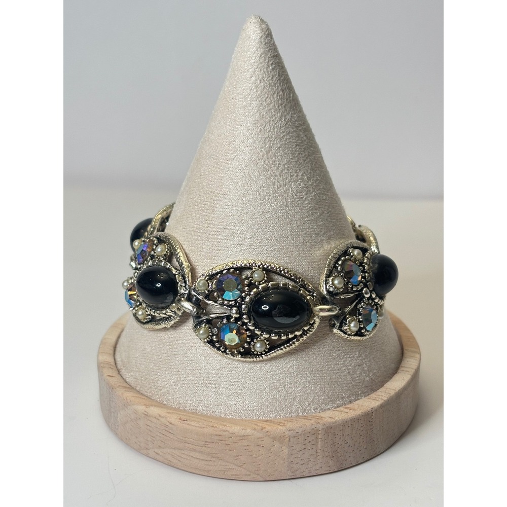 1960s Ornate Victorian Revival Link Bracelet Black AB Crystal Pearl Silver Tone